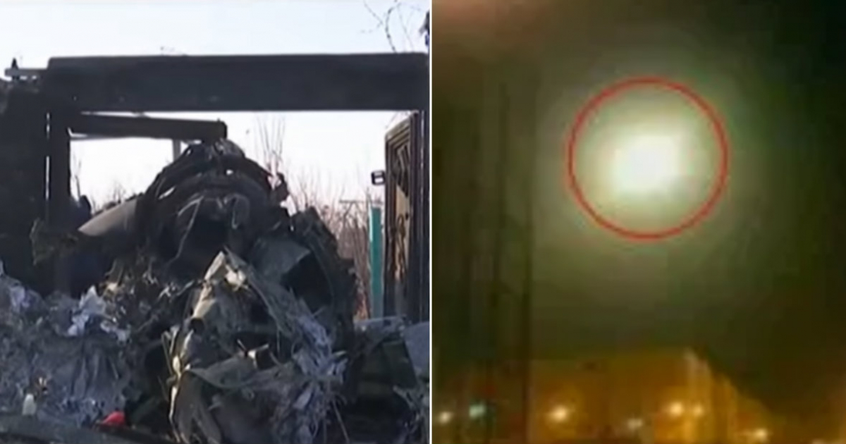 Restos del avión ucraniano (i) y El avión envuelto en llamas tras el impacto (d) © Collage YouTube/screenshot
