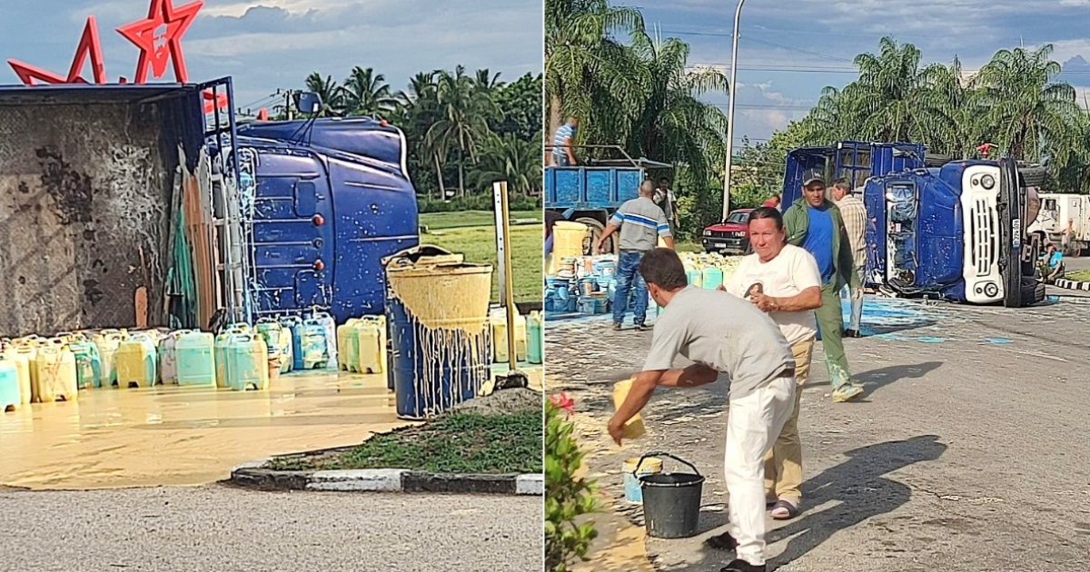 Un mar de pintura amarilla y azul quedó sobre el asfalto tras volcarse el vehículo © Collage Facebook/Accidentes Buses & Camiones