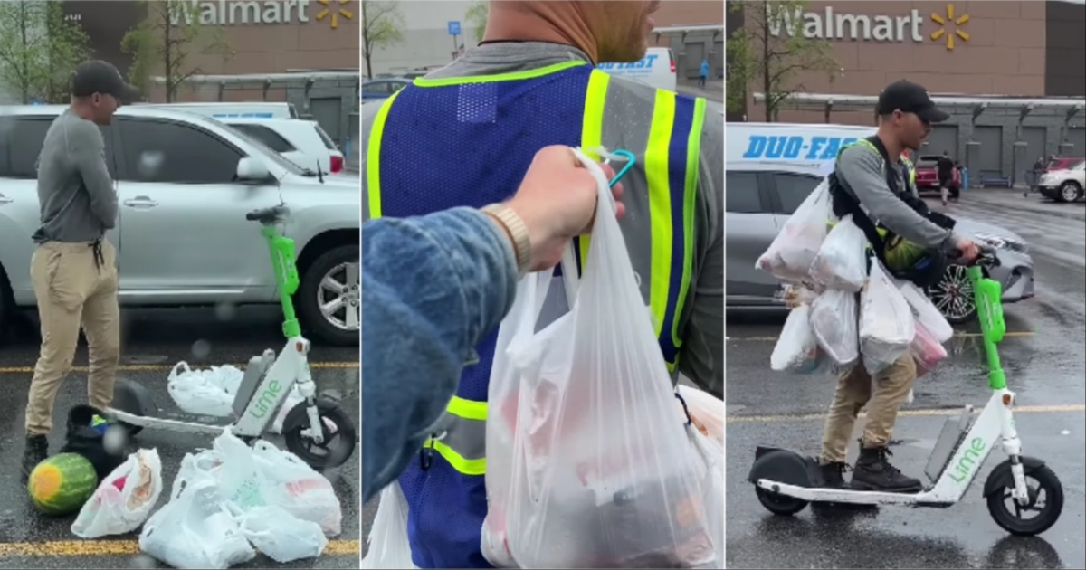 Joven se las ingenia para cargar docenas de bolsas de Walmart © Youtube / The Flom Family