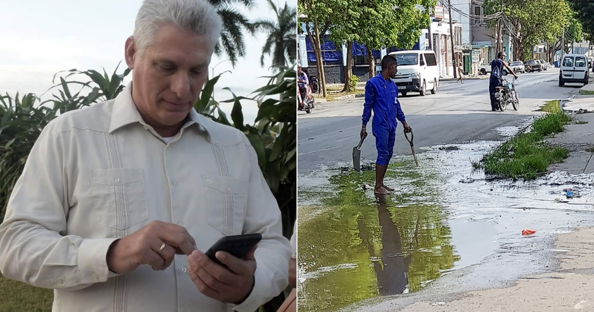Díaz-Canel con teléfono y salidero de aguas albañales en Cuba © Cubahora / CiberCuba